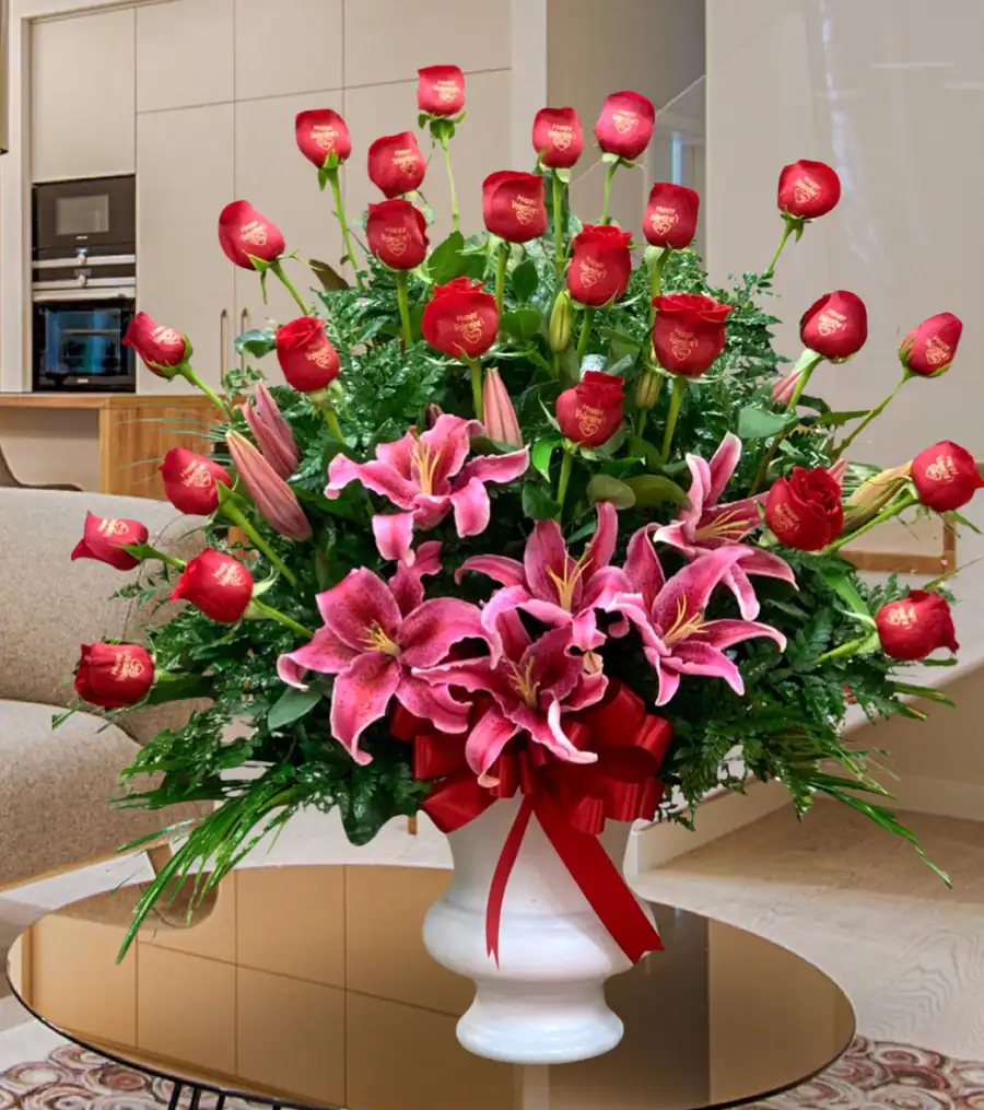 Luxurious floral arrangement with pink lilies and red roses, perfect for special occasions, delivered by VIP Floral in Las Vegas.