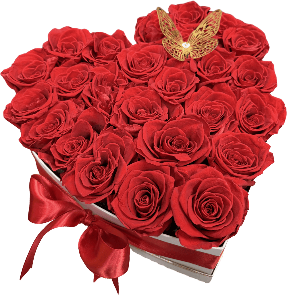 Eternal Love Heart Rose Box | 26 Preserved Red Roses & Gold Butterfly